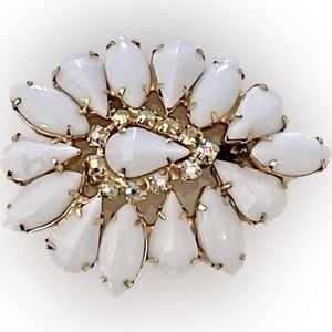 Vintage White Milk Glass Cabochon Aurora Borealis Rhinestone Domed Brooch